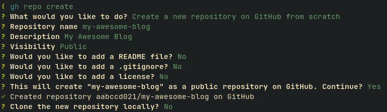 Creating a GitHub repository by running the command and following the instruction